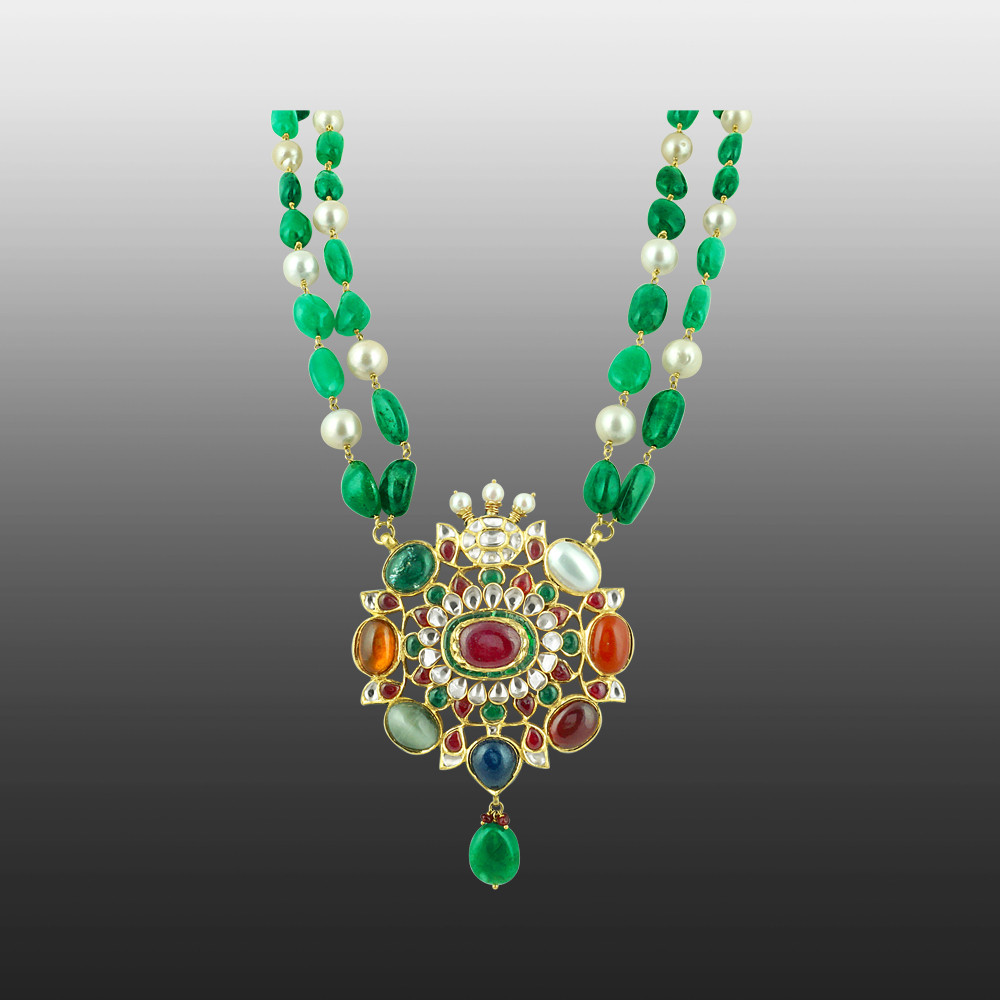 Navaratan Pendant Necklace with Emerald Maniya and Pearls